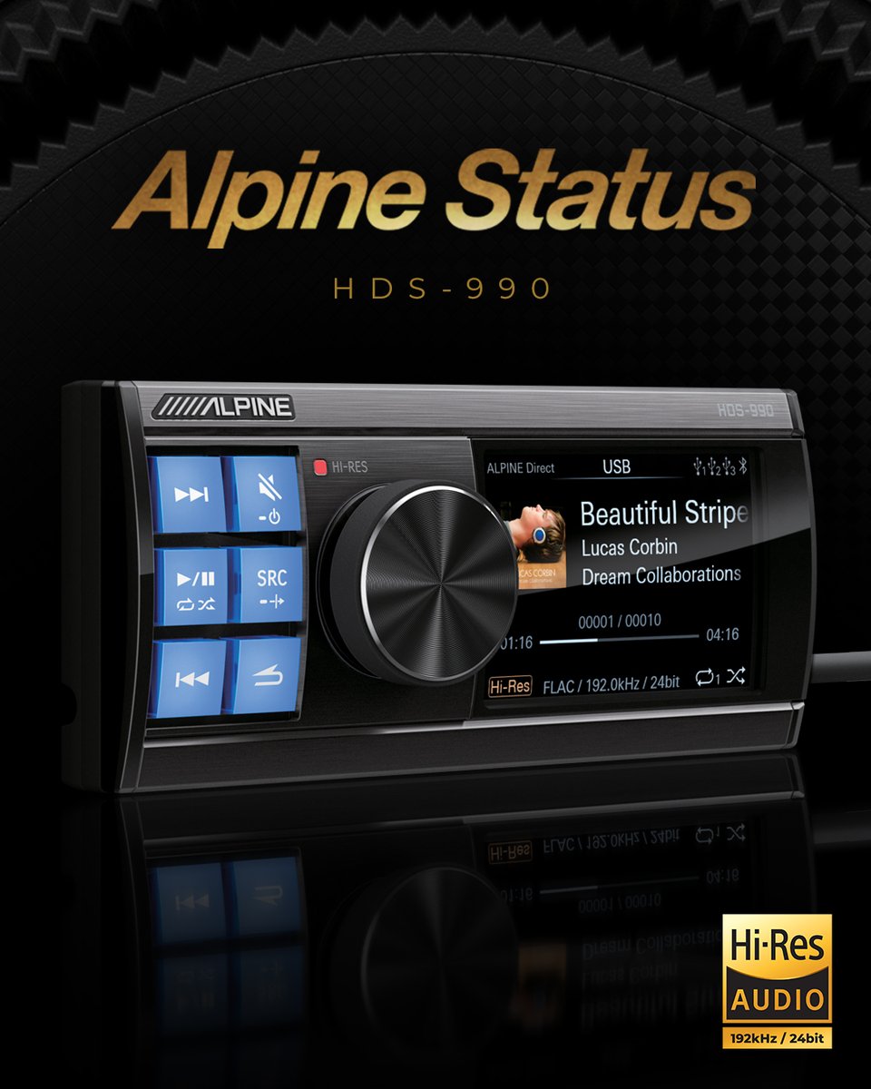 AlpineUSA's tweet photo. The HDS-990 Hi-Res Digital Media Player achieves the highest quality playback of 192kHz/24bit via direct USB cable connection, bringing out the potential of every song by reproducing music with intricate detail and incredible realism. 

#AlpineSound #AlpineStatus https://t.co/QpwAxozhkT
