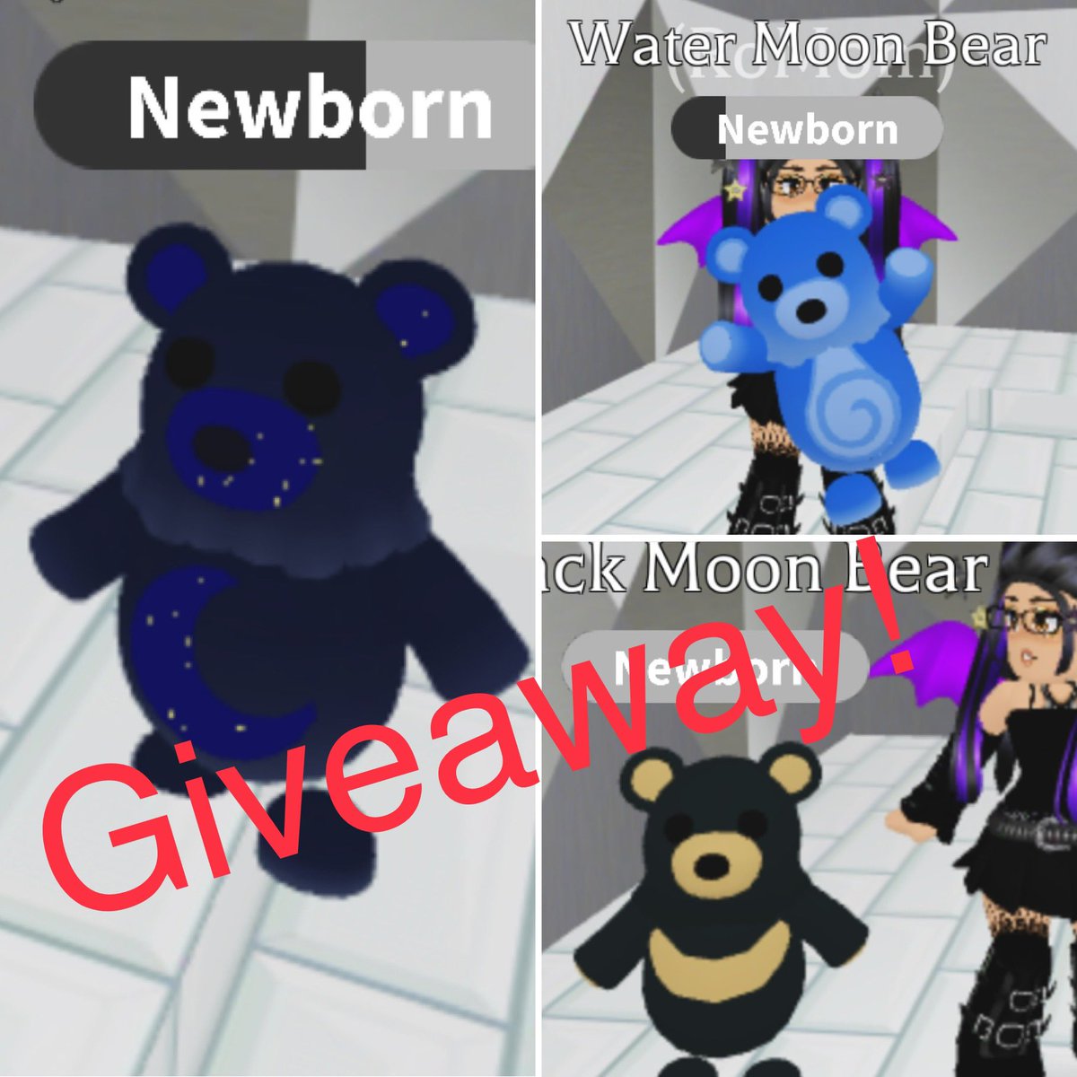 RoMomPlays's tweet image. 🚨Adopt Me Giveaway!🚨 

Win out of game Lunar New Year pets!

Prizes:
🥇- legendary Moon bear
🥈- Water Moon&amp;amp;Black Moon bears 

Rules:
➡️ Follow
🔄 Like &amp;amp; RT 
↗️ Sub RoMomPlays YT
⬇️ Comment

💜Ends in 3 days
#adoptme #adoptmegw #adoptmegiveaway #adoptmetrading #adoptmegiveaways