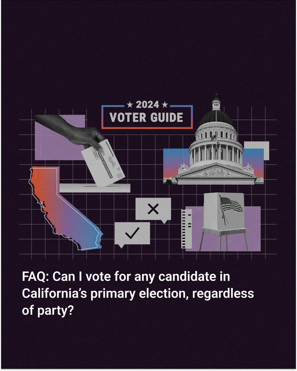 CalMatters's tweet photo. Voter guide FAQ: Can I vote for any candidate in California’s primary election, no matter what party I’m registered? Yes, but only for some races. CalMatters explains: https://t.co/B5JwYch8ae

1/2 https://t.co/nOpcB9Bcrs