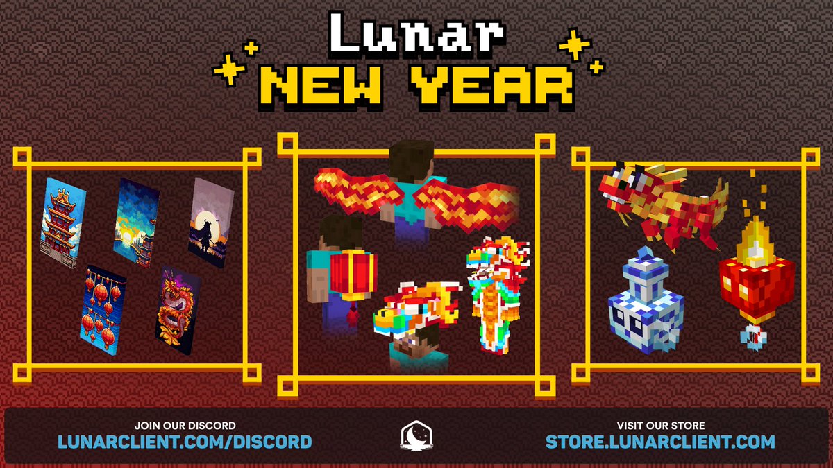 We're celebrating the Lunar New Year: Year of the Dragon! 🐲 🔥

Check out epic new Pets, Cloaks, Wings and more for a limited-time only at store.lunarclient.com (15% off) 🌟

Like + Follow for a chance to win 5x cosmetics from the collection! 🏆