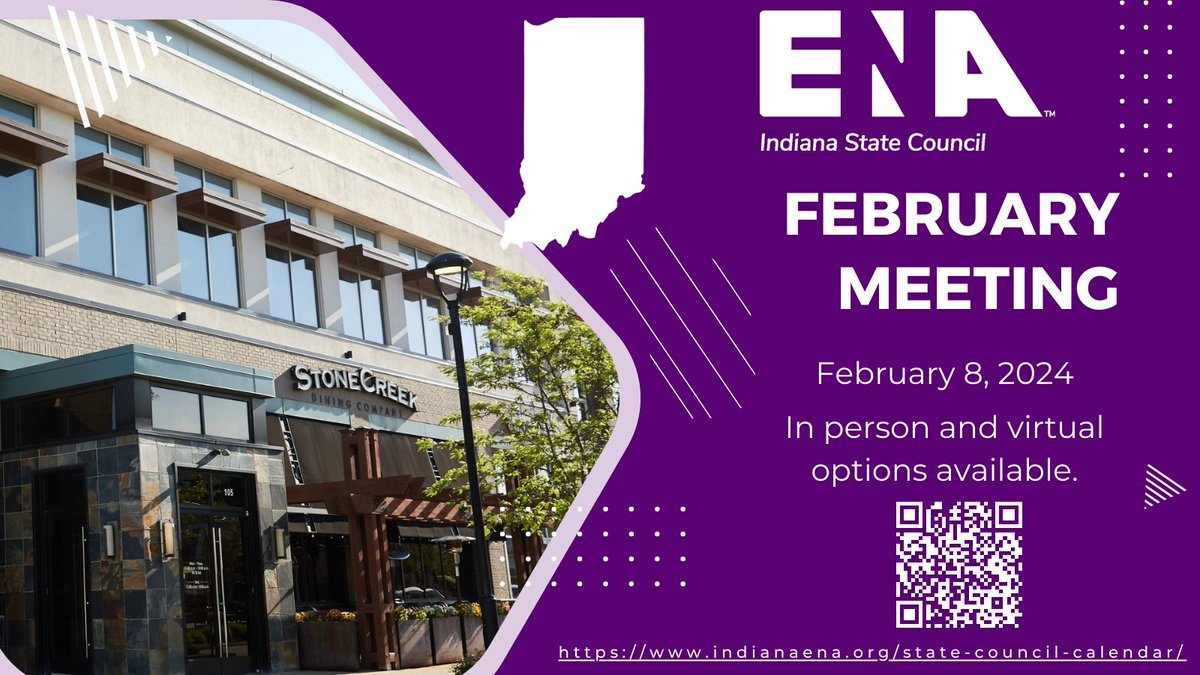 The first Indiana @ENAorg State Council Meeting will be held February 8, 2024, beginning at 12:00 PM at Stone Creek Dining, Noblesville, 13904 Town Center Blvd Suite 900, Noblesville, IN 46060. RSVP required: indianaena.org/state-council-…