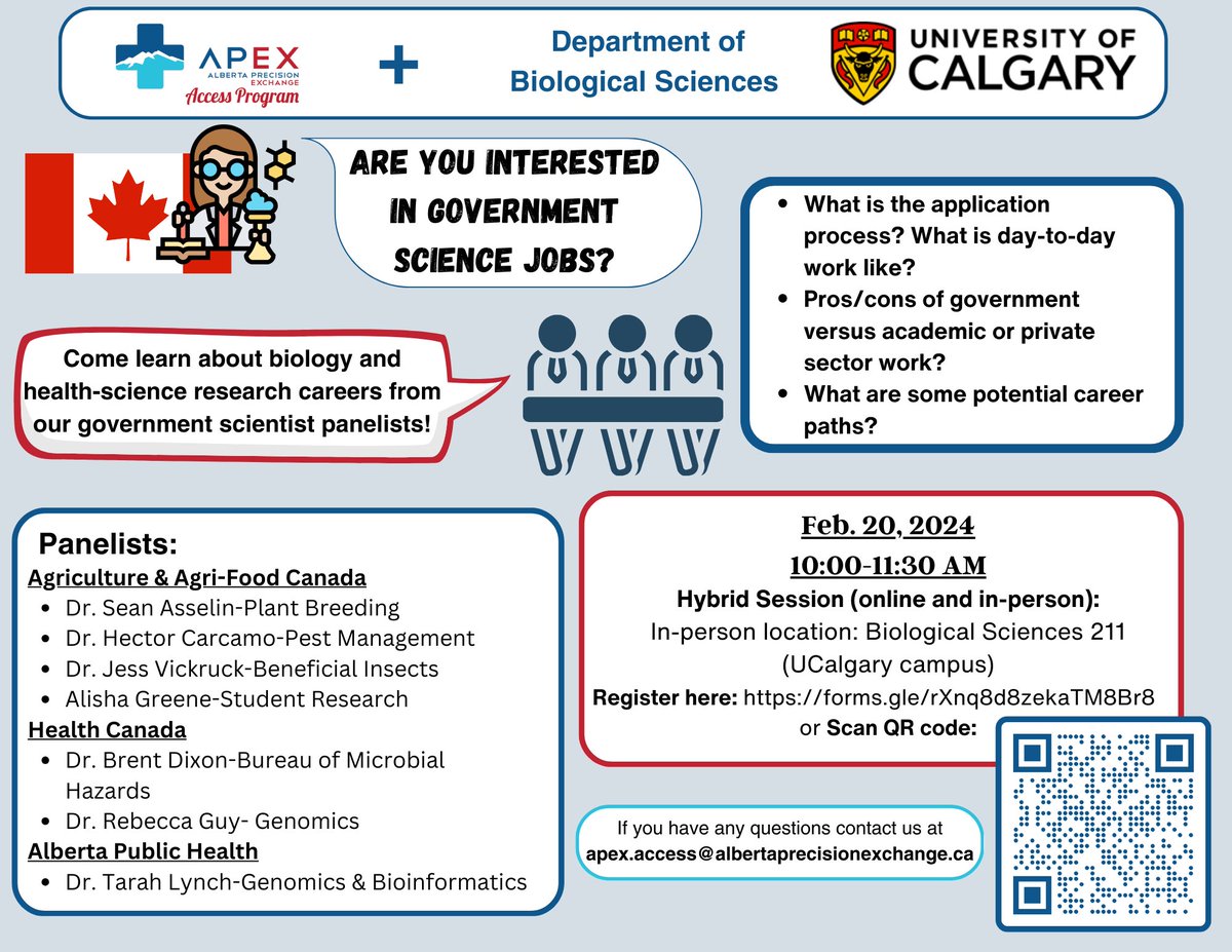 Hello everyone, are you curious about government science jobs? We are about to host a government science panel event in collaboration with the Department of Biological Sciences at the University of Calgary on February 20th. Join us to learn more about these job opportunities!
