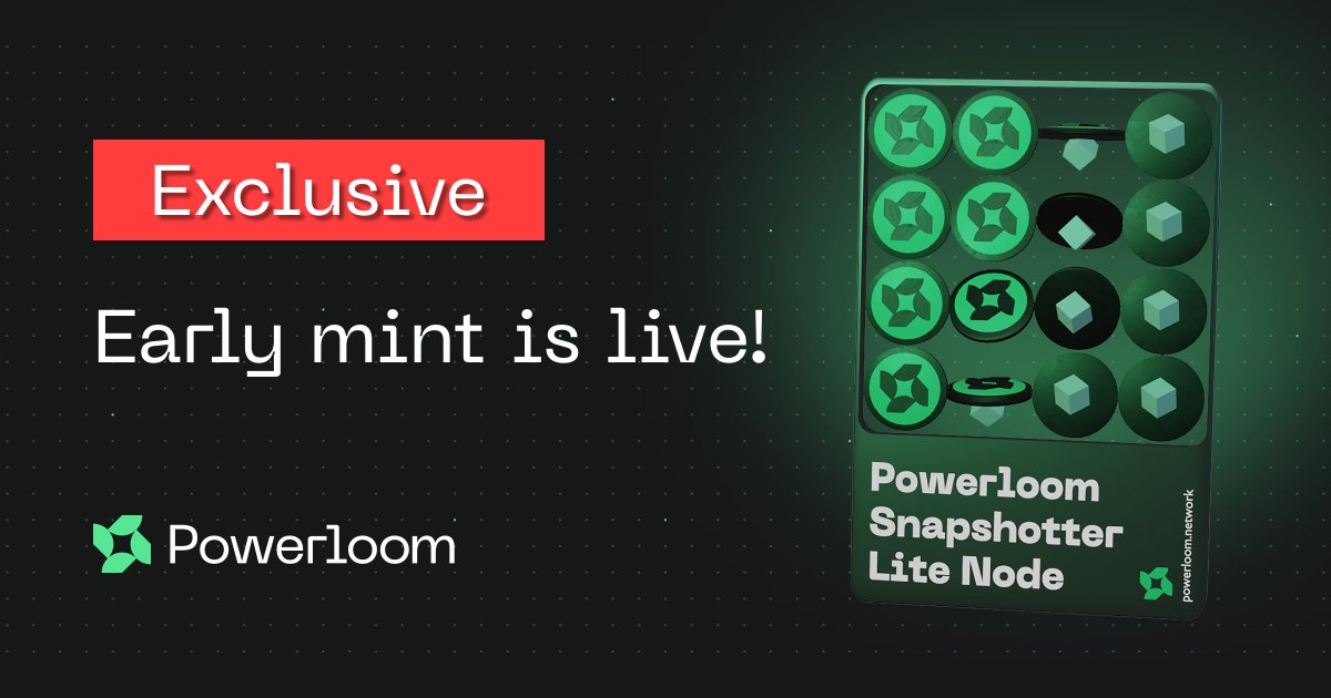 1/ ✨ Early Mint is officially live ✅ We're opening the window 🪟 💎 From Feb 7th, 2024, and for the next 48 hours, we're granting exclusive access to our amazing community, partners, and selected pre-mint wallets. mint.powerloom.network More in the thread 👇🧵