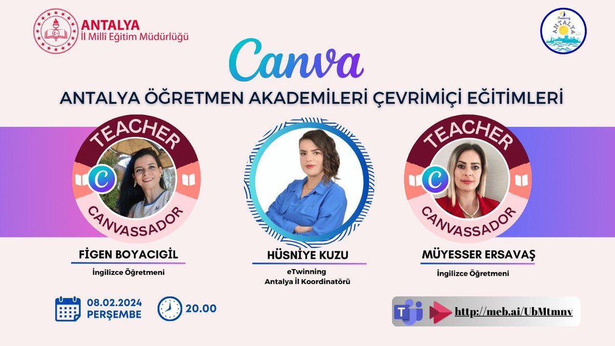 eTwinningAnt07's tweet photo. 📢İl Milli Eğitim Müdürlüğümüz Ar-Ge Birimi Koordinatörlüğünde Öğretmen Akademileri kapsamında  CANVA Eğitimi  Çevrimiçi toplantısı gerçekleştirilecektir.

🗓️8 Şubat 2024
⏰20.00
🔗https://t.co/m3jhHJlpPg 
  Teams Meeting ID: 312 774 478 214 
  Passcode:  VQujXc https://t.co/TdapwkefPU