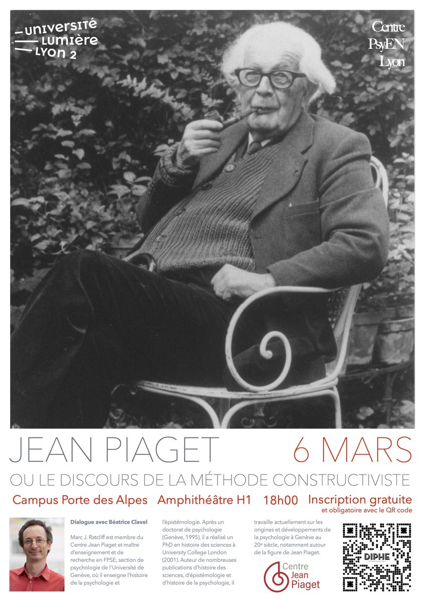 Notre centre de formation #PsyEn est heureux de vous inviter à la conférence de Marc J. Ratcliff (Centre Jean Piaget, <a href="/UNIGEnews/">Université de Genève</a>) mercredi 6 mars à 18h : « Jean Piaget, ou le discours de la méthode constructiviste » <a href="/univ_lyon2/">Université Lumière Lyon 2</a> <a href="/LabDiphe/">Laboratoire DIPHE</a> 📚

Inscriptions : piaget.sciencesconf.org
