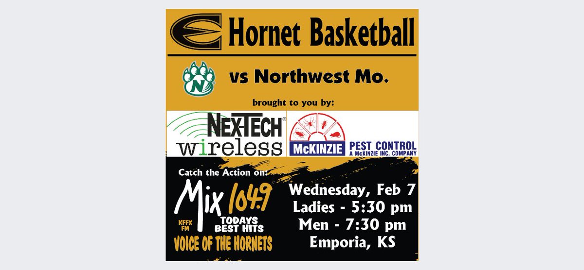 Join us for <a href="/ESUSports/">ESU Athletics</a> <a href="/ESUMensBBall/">Emporia State Basketball</a> and @LadyHornetWBB as they face Northwest tonight!  RV Doc Pregame at 5P on Mix 104.9!  Listen online at KVOE.com/listen or via the Audacy app!

In-game updates brought to you by <a href="/nextechwireless/">Nex-Tech Wireless</a> and McKinzie Pest Control!

#StingersUp