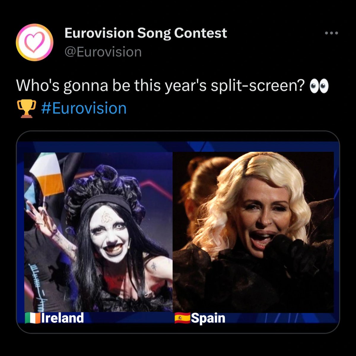 CrisBotinestean's tweet photo. How I envisage the split-screen for #Eurovision2024 🇮🇪🖤🇪🇸 https://t.co/BM4QUDZz1O