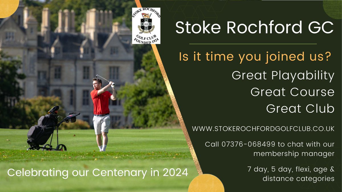 Looking for a new golfing challenge? In our Centenary year we can certainly offer you that with our beautiful, mature course set in the rolling parkland of Stoke Rochford Hall estate. Find out more about membership by visiting stokerochfordgolfclub.co.uk or call 07376-068499