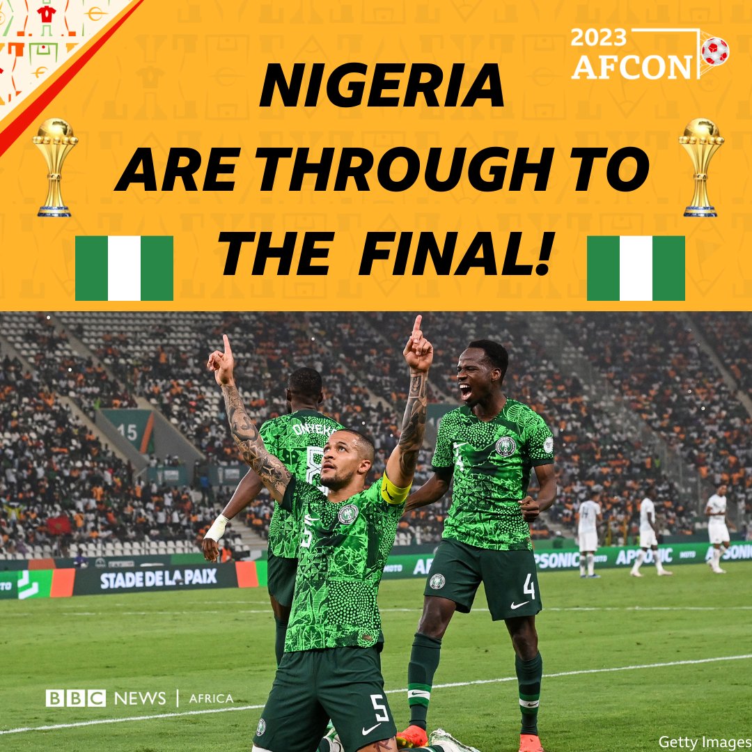 BBC News Africa (@bbcafrica) on Twitter photo THE SUPER EAGLES HAVE DONE IT!
Nigeria are through to the #AFCON2023 final!
They beat South Africa on penalties.
It will be the first Afcon final for <a href="/NGSuperEagles/">🇳🇬 Super Eagles</a> since 2013, when then won the cup.
Now, who will they face? Hosts Côte d'Ivoire or DR Congo?
#NGRRSA THE SUPER EAGLES HAVE DONE IT!
Nigeria are through to the #AFCON2023 final!
They beat South Africa on penalties.
It will be the first Afcon final for <a href="/NGSuperEagles/">🇳🇬 Super Eagles</a> since 2013, when then won the cup.
Now, who will they face? Hosts Côte d'Ivoire or DR Congo?
#NGRRSA