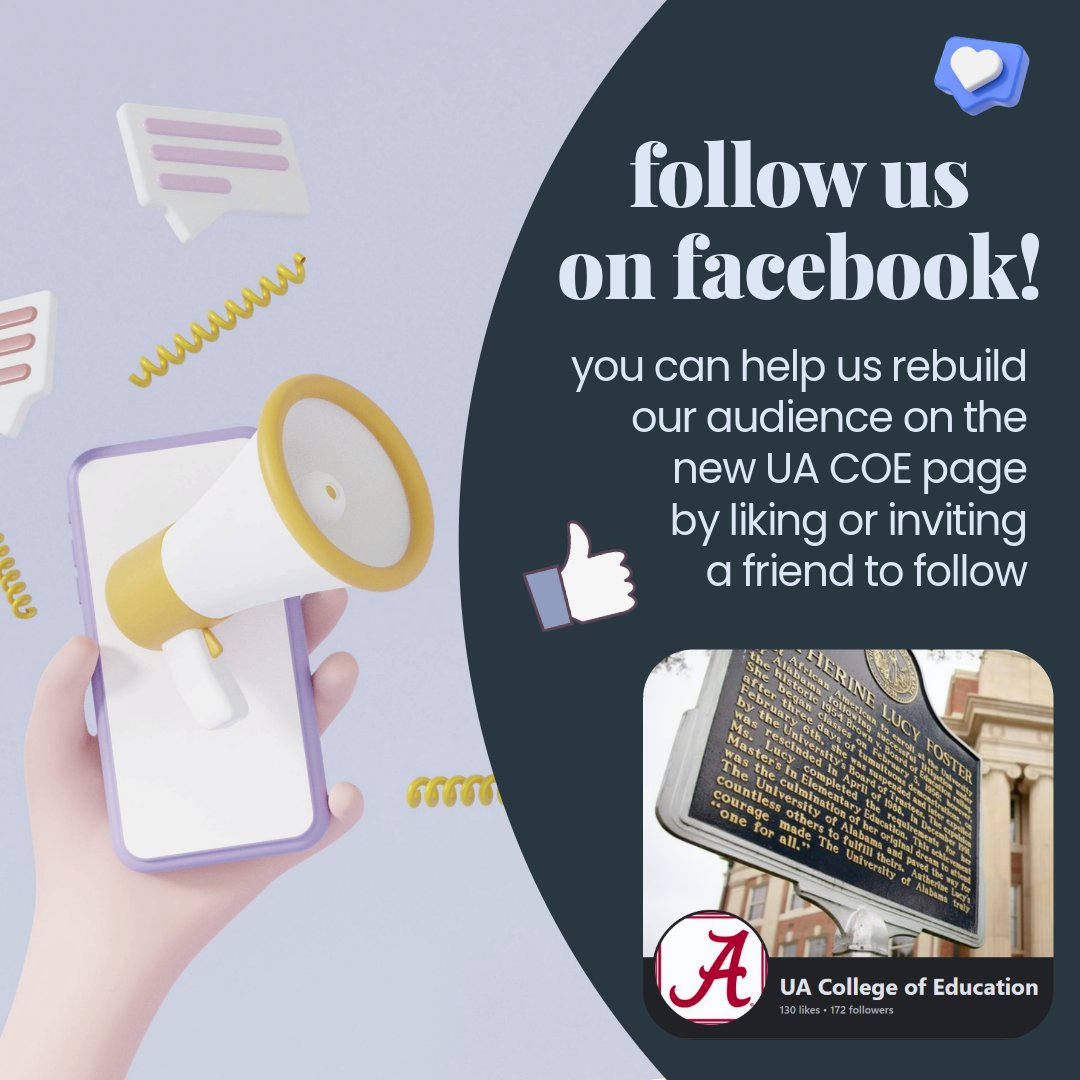 Our previous Facebook page was deleted for undetermined reasons, so we would love it if you could give the new one a like and spread the word! Follow UA COE at facebook.com/bamacollegeofe… 👍 #uacoe #uacollegeofeducation