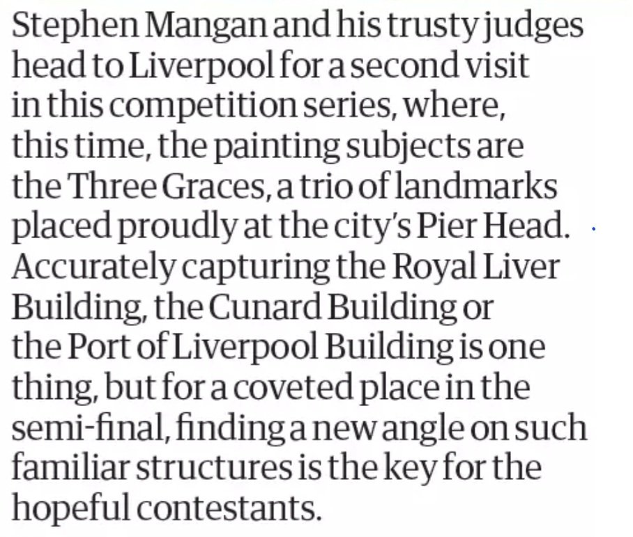 #NowWatching
this explains why they were painting a completely different viewpoint (in the previous episode from Liverpool) to what I watched being filmed! 
So maybe I'll spot myself in the crowd this time....
#LandscapeArtistOfTheYear
#LAOTY
#Liverpool