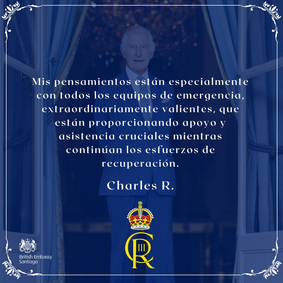Mensaje del Rey Carlos III al presidente <a href="/GabrielBoric/">Gabriel Boric Font</a> por los #IncendiosForestales  en #Chile:
<a href="/RoyalFamily/">The Royal Family</a> #KingCharles #KingCharlesIII