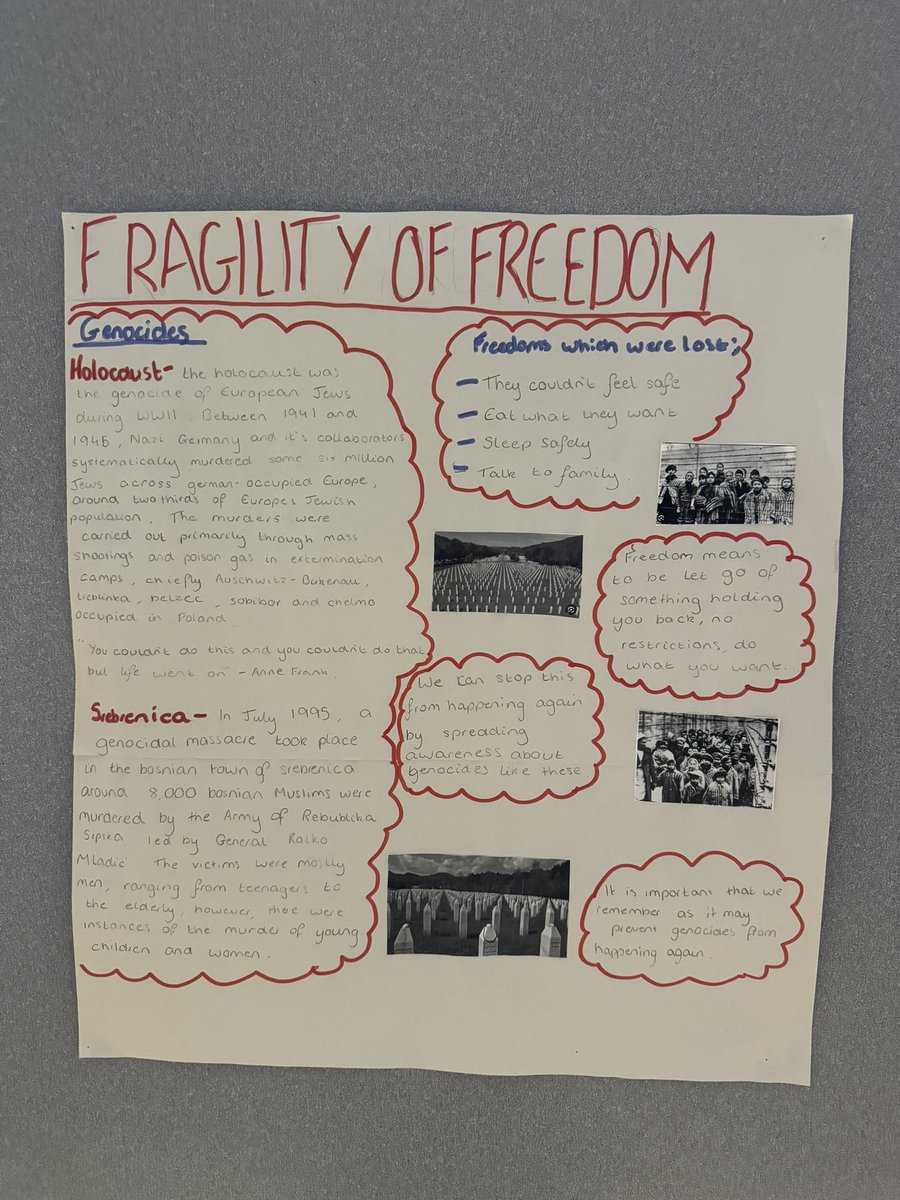 Commemorating Holocaust Memorial Day and the “Fragility of Freedom” theme this afternoon. Thank you to the RRS club who presented the event, S3 History pupils who created some fantastic poster displays, and especially @_missjessup for organising the event! #RRS #Article2 ✡️💜