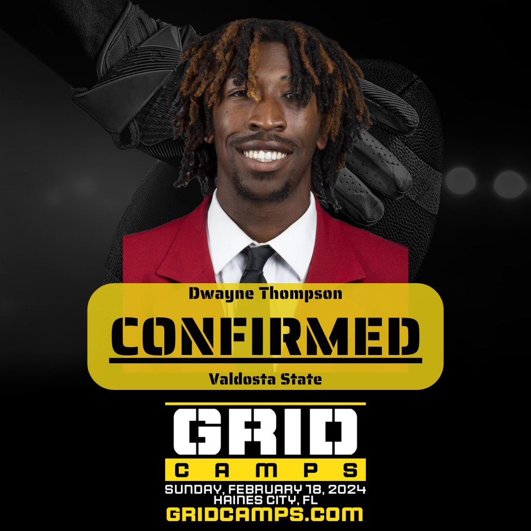 Free Agent DB Dwayne Thompson (<a href="/DwayneT_182/">DT¹ᵏ</a>) from Valdosta State (@valdostastatefb) is confirmed for the next <a href="/GRIDCamps/">GRID Camps</a> -- 2/18/24.

After college, Thompson had <a href="/CFL/">CFL</a> workouts where he had a 4.51 40, 4.10 short shuttle, 10'4 broad jump, and is currently timing at 4.47 with his