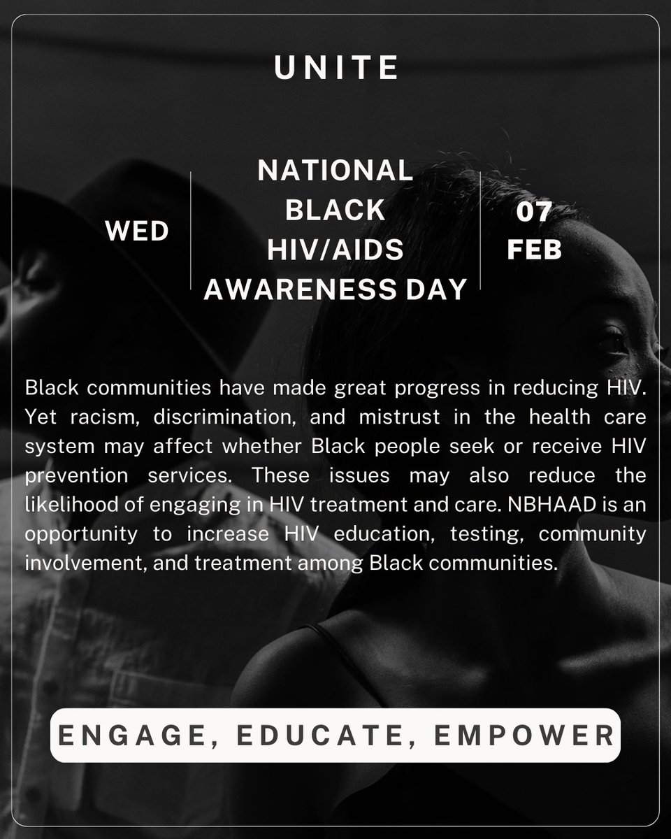 miunified's tweet photo. Today is National Black HIV/AIDS Awareness Day. The theme for this year calls for unity as black communities address issues that impact HIV testing rates, access to and utilizing of HIV care services and treatment and knowledge of HIV prevention.
#NBHAAD #HIV #blackcommunities https://t.co/TZ6U25DKqy