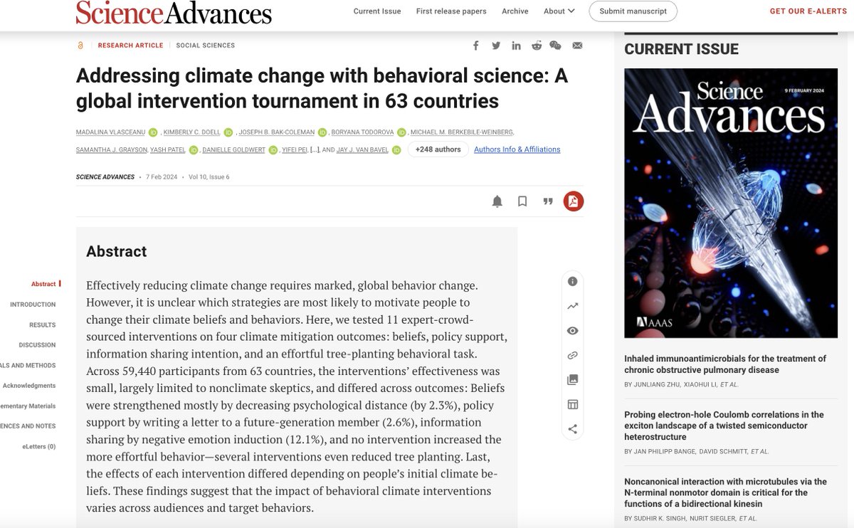 How can we effectively stimulate climate awareness and action around the world? We answer this question in our new global study, now out in @ScienceAdvances We tested 11 expert-crowdsourced behavioral interventions in a sample from 63 countries: science.org/doi/10.1126/sc… 1/7