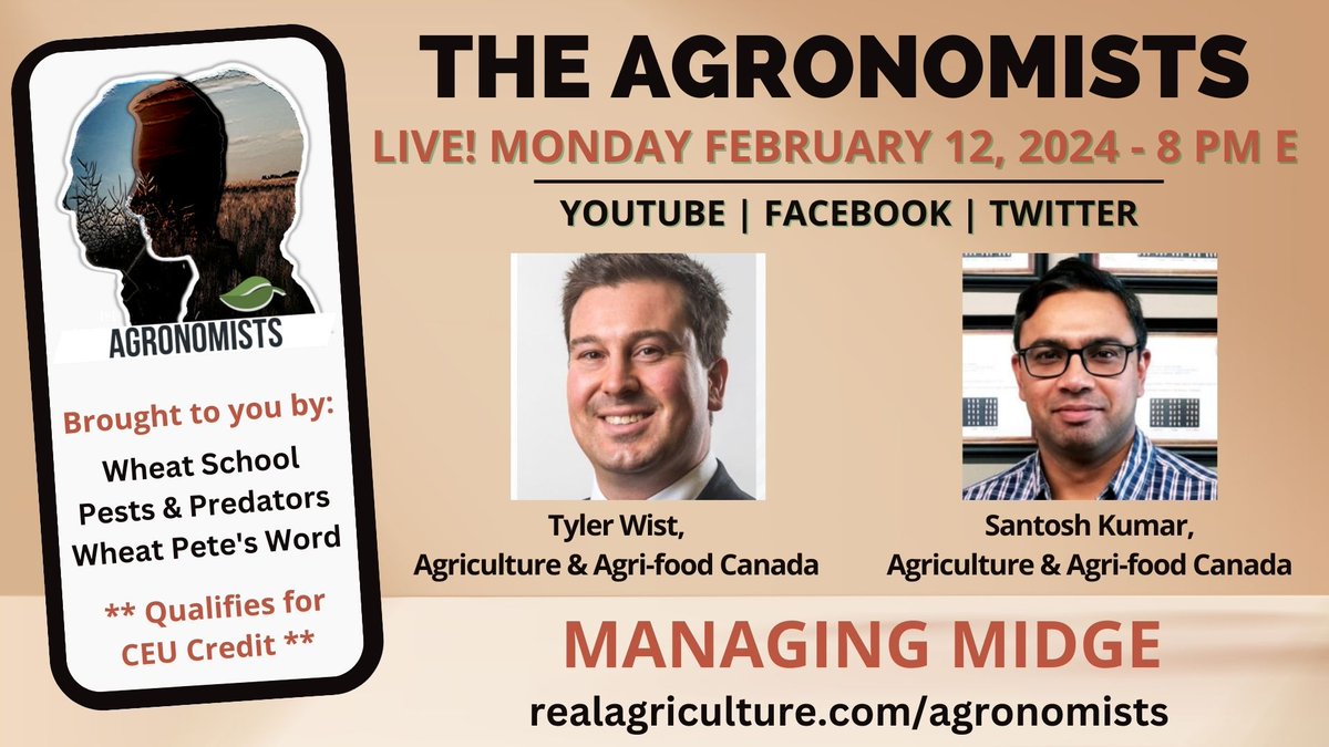 RealAgriculture (@realagriculture) on Twitter photo Tune in to #TheAgronomists LIVE on Monday, February 12 at 8 pm E for a discussion on managing #midge w/ <a href="/TylerWist1/">Tyler Wist</a> and Santosh Kumar both with <a href="/AAFC_Canada/">AAFC Canada</a> #cdnag #ontag #westcdnag Tune in to #TheAgronomists LIVE on Monday, February 12 at 8 pm E for a discussion on managing #midge w/ <a href="/TylerWist1/">Tyler Wist</a> and Santosh Kumar both with <a href="/AAFC_Canada/">AAFC Canada</a> #cdnag #ontag #westcdnag