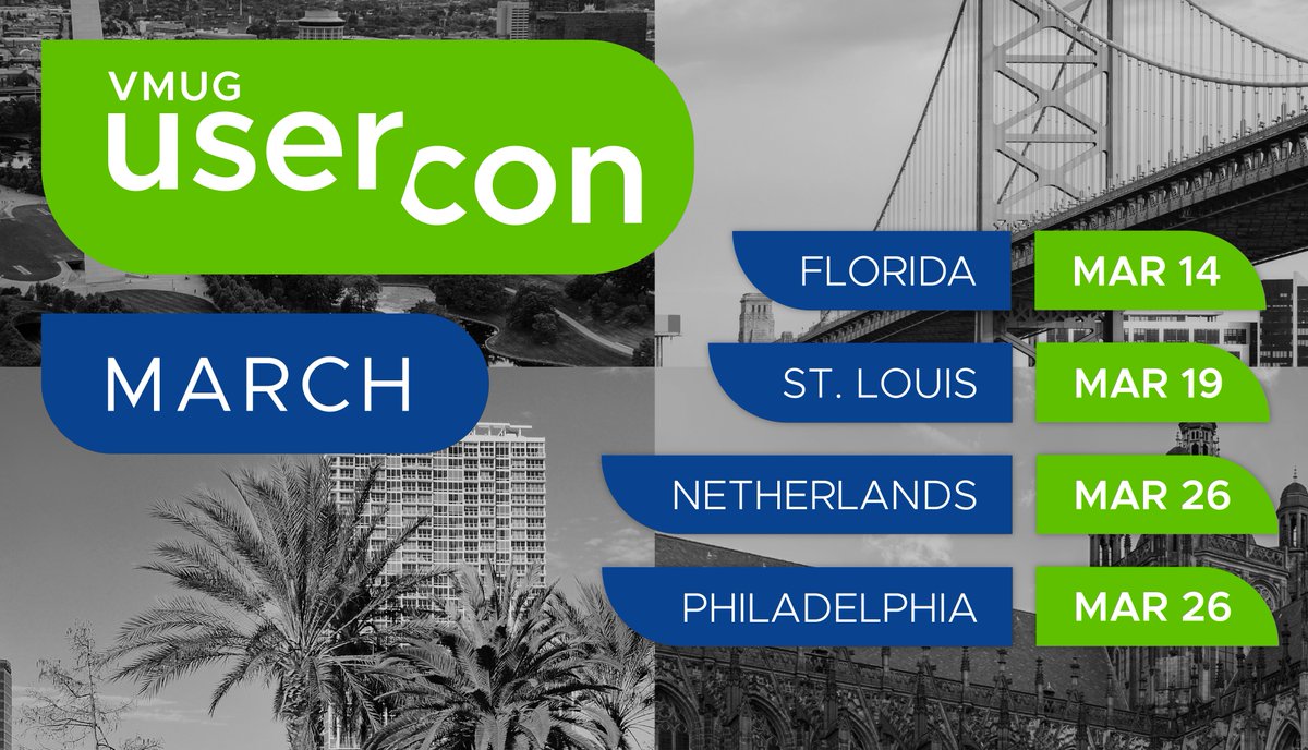 VMware User Group (@myvmug) on Twitter photo Heads up #VMUG! April showers, May flowers, but March brings new UserCons to a city near you! Check in with <a href="/OrlandoVMUG/">Orlando VMUG</a>, <a href="/stlvmug/">St Louis VMUG</a>, <a href="/vmugnl/">The Dutch VMUG</a>, & <a href="/PhillyVMUG/">Philly VMUG</a> to get signed up now. Plus, keep your eye out for new UserCons coming soon!
Find a UserCon: bit.ly/3NZJFcz Heads up #VMUG! April showers, May flowers, but March brings new UserCons to a city near you! Check in with <a href="/OrlandoVMUG/">Orlando VMUG</a>, <a href="/stlvmug/">St Louis VMUG</a>, <a href="/vmugnl/">The Dutch VMUG</a>, & <a href="/PhillyVMUG/">Philly VMUG</a> to get signed up now. Plus, keep your eye out for new UserCons coming soon!
Find a UserCon: bit.ly/3NZJFcz