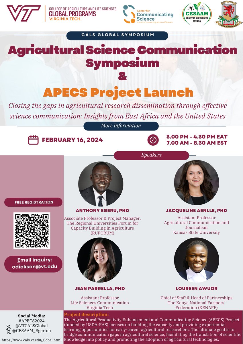 VIRTUAL SYMPOSIUM:
Please register to attend the <a href="/VTCALSGlobal/">Virginia Tech CALS Global</a>  Agricultural Science Communication/Dissemination  Symposium on Friday 16th, 3.00 - 4.30pm (EAT)/ 7.00 - 8.30 am (EST).
Registration Link: lnkd.in/e6kD82BH

#APECS2024 #sciencecommunication