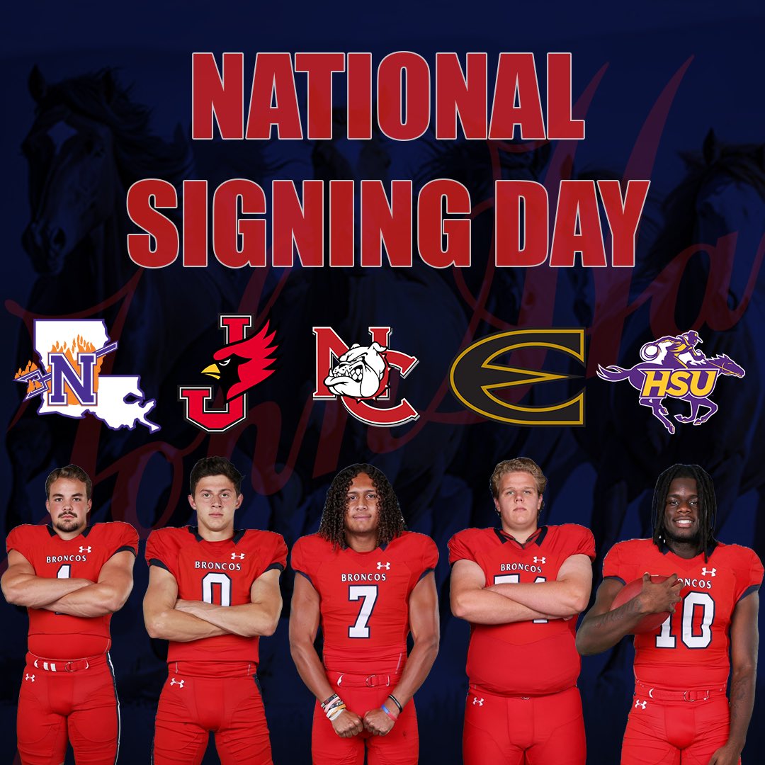 MBHSFootball's tweet photo. Congratulations to our 2024 signees:

Hayden Jenkins  (Northwestern State) 
Ben Podor (William Jewell)
Cole Smith (Navarro)
Kyle Zimmerman (Emporia State)
Greg Mack (Hardin-Simmons)

Next Level Broncos! 

Once a Bronco, always a Bronco 

Let ‘em run 🐎🐴🐎🐴

#TPD #BRONCODNA https://t.co/IvhijwdZpy