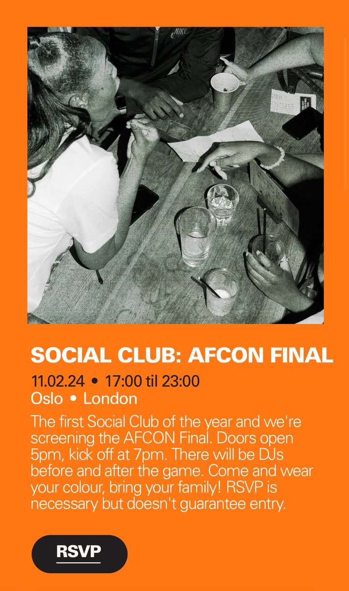 jojoldn's tweet photo. SOCIAL CLUB: AFCON FINAL SCREENING ON SUNDAY. 

RSVP: https://t.co/Bh6smgIsmG https://t.co/cEQ0cyo3g2