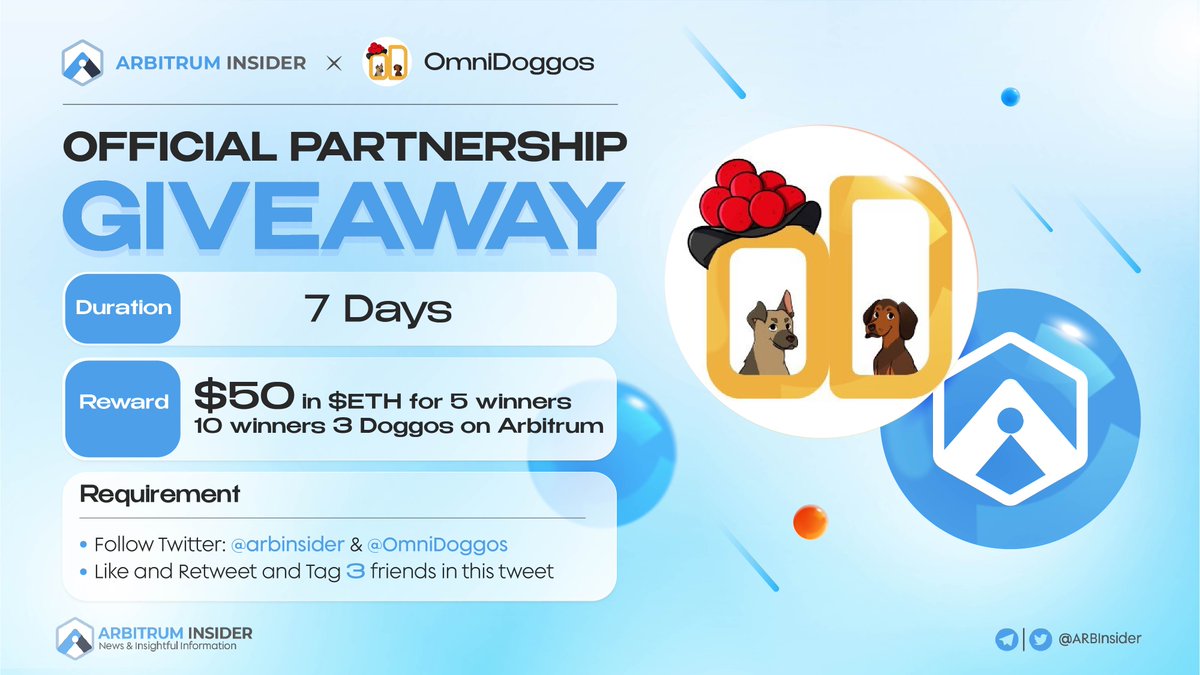 🎉 We are thrilled to host a giveaway event with <a href="/OmniDoggos/">OmniDoggos</a> 🎉

🎁 $50 in $ETH for 5 winners + 10 winners 3 Doggos on #Arbitrum

Rules:
- Follow @arbinsider &amp; <a href="/OmniDoggos/">OmniDoggos</a> 
- Like + RT + Tag 3 frens

⏰ 7 days

#Airdrop #Giveaway #ARB