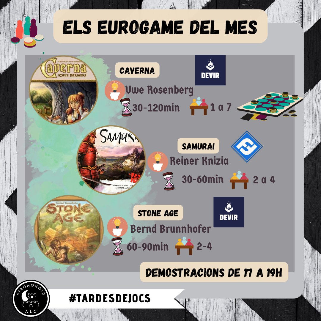 ALC_Stronghold's tweet image. Aquest mes de febrer tenim 3 nous #eurogames! Vols apendre a jugar? estarem fent demos de 17 a 19h a les #tardesdejocs dels divendres!
#Caverna, #samurai i #StoneAge! 

Ens veiem divendres 🥳