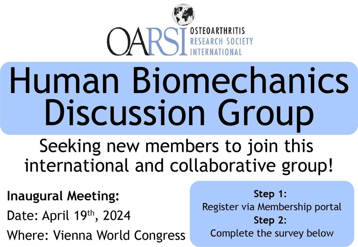 🌟 Come meet, connect, and contribute to the future of biomechanics in osteoarthritis! 🌟 Step 1: sign up in your membership portal: buff.ly/3ucJSDB Step 2: complete the brief survey: buff.ly/49heWRj @mhunt_ubc @lauradiamond05 @kecostello @Monica97026710