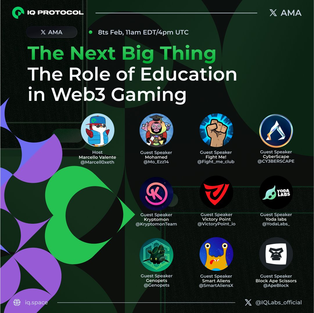 High IQ AMA Detected 🧠⚡️

Tune in tomorrow, February 8th at 11am EST/4pm UTC for 'The Next Big Thing' 𝕏 MegaSpaces 🎙

This week we explore ‘𝗧𝗵𝗲 𝗥𝗼𝗹𝗲 𝗼𝗳 𝗘𝗱𝘂𝗰𝗮𝘁𝗶𝗼𝗻 𝗶𝗻 𝗪𝗲𝗯𝟯 𝗚𝗮𝗺𝗶𝗻𝗴?’ 📚🕹️

Set a reminder below 👇

x.com/i/spaces/1MnGn…