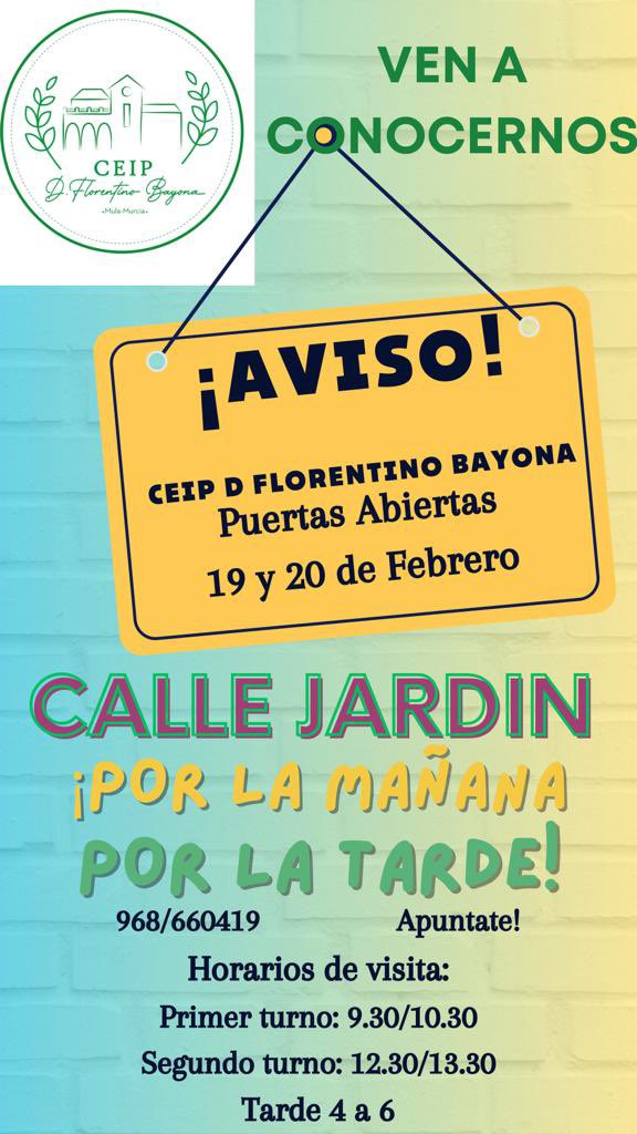 Jornadas de puertas abiertas en el CEIP Florentino Bayona.
Ven a conocernos durante el 19 y 20 de febrero en horario de mañana y tarde.

¡Te esperamos!