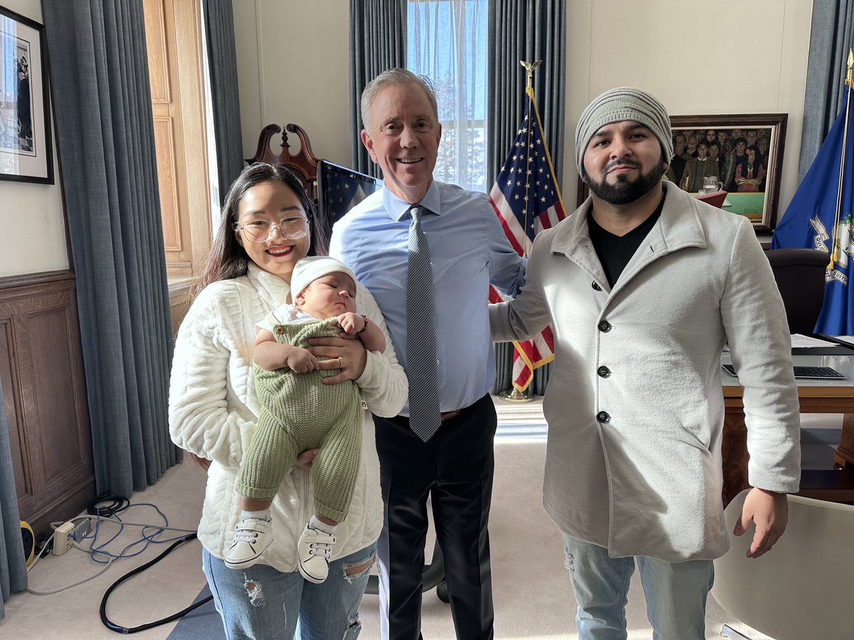 GovNedLamont's tweet photo. I was proud to host baby Evan and his parents at the State Capitol today for the State of the State. He is one of the first babies eligible for our new Baby Bonds program. This isn’t just an investment, it’s a symbol of hope and a promise that everyone can make it here in CT. https://t.co/ccGZTzGuvI
