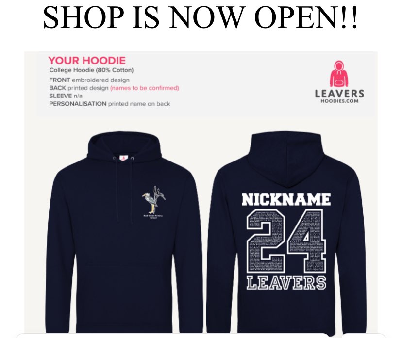 Year 6 leavers hoodies are  now available to order. You have until midnight on Sunday 28th April 2024 to do so. Visit 
 leavershoodies.com/rush-green-pri…  to order. Only available for Year 6 pupils.