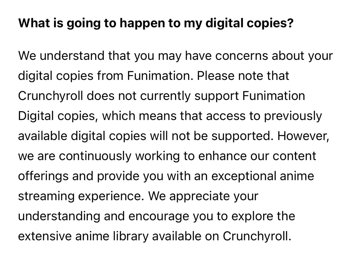 Crunchyroll is shutting down the Funimation streaming service and deleting everyone's purchased copies of stuff, while also hiking their own prices.
Stop paying for streaming media. Buy things you actually own. Or get it elsewhere.
