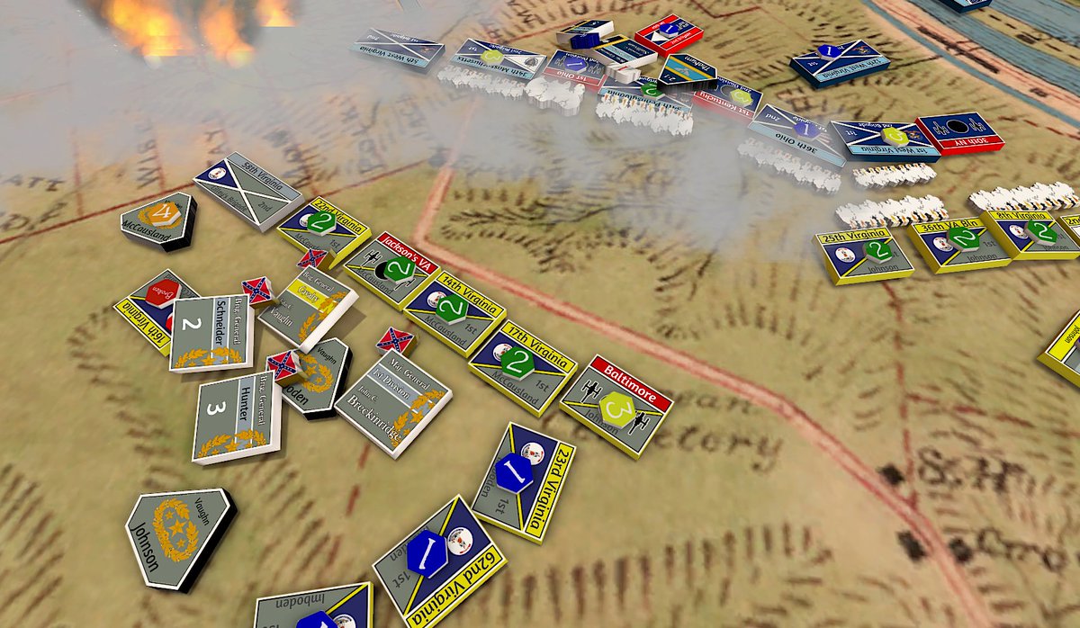 Battle of Lynchburg Kriegsspiel. This is the second day of fighting as Hunter's Union army attempts to dislodge Early's rebels from the town. The heaviest fighting is taking place in the heights to the north and south of the town.
#Lynchburg #CivilWarBattle