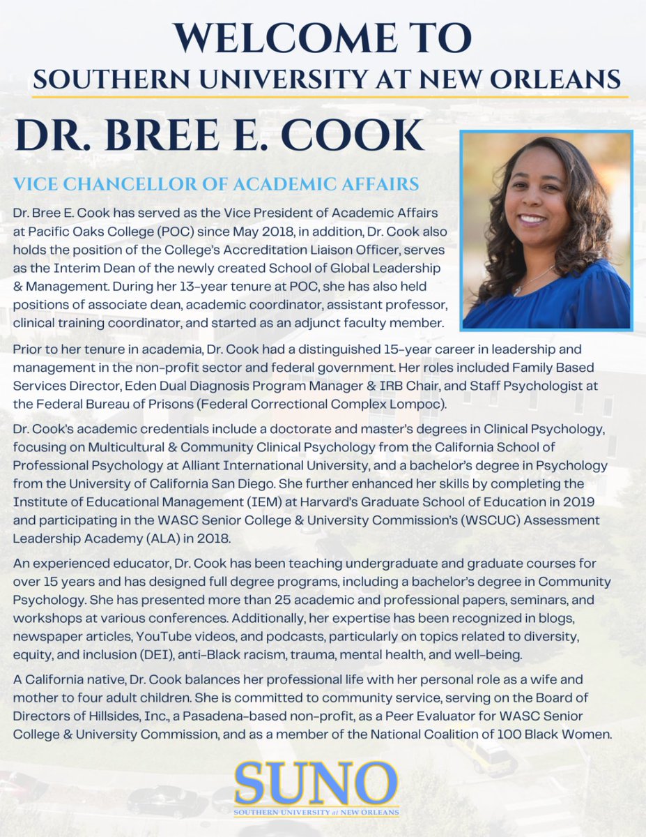 Welcome Bree E. Cook, PsyD, Vice Chancellor of Academic Affairs! #WeAreSUNO #HBCUProud #WatchUsGrow 💙💛