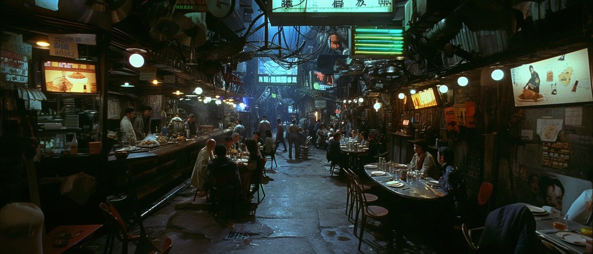 mori_grey's tweet photo. Who can say no to eating in the street? 🍔🌭🍕
#area38 #cyberpunk #midjourney #aiart #aiartcommunity https://t.co/TgxFeDut9w
