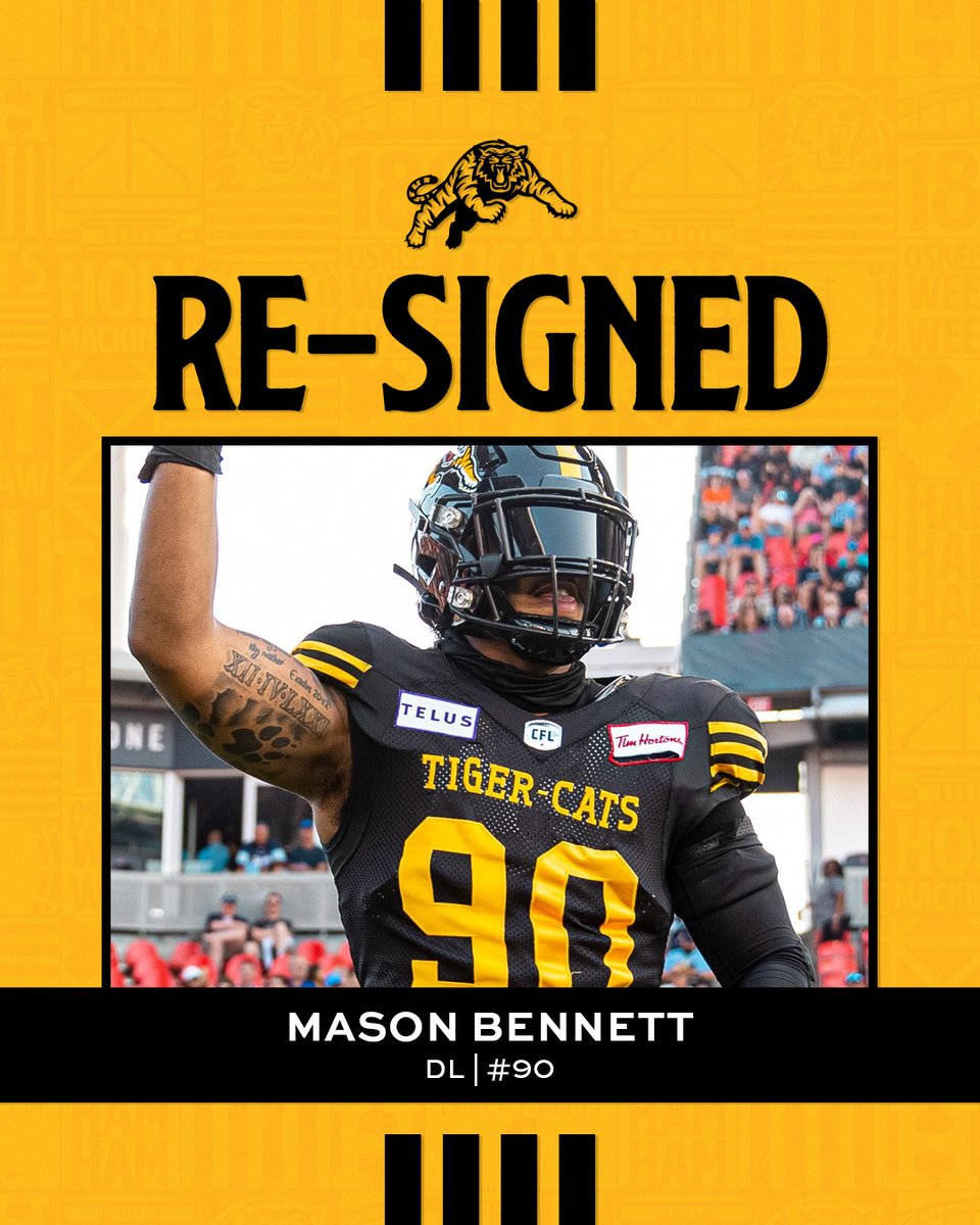Ticats's tweet photo. Keep an eye out for 9️⃣0️⃣ next season 😎

We've re-signed 🇨🇦 DL Mason Bennett!

🗞️| https://t.co/2CrQLvgopO

#Ticats | #CFL https://t.co/P0qRYApmPS