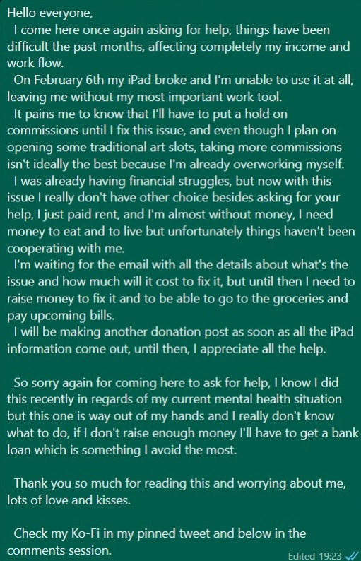 ‼️ Emergency post ‼️

  My iPad broke, I barely have money to pay bills, and now I have to deal with this situation. 
  Hopefully it can be fixed, but I'm waiting for the worst so I can be prepared

Check the comments for my ko-fi
Retweets are super appreciated
