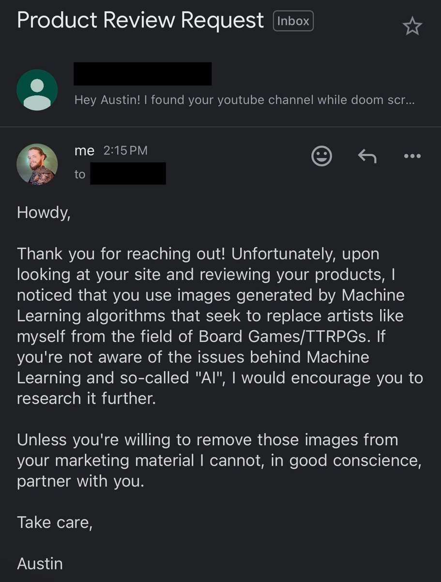 Dungeon_Artist's tweet photo. This is my response to anyone using “AI Art” and reaching out to me to collab. For fucks sake, I’m the artist you’re actively replacing! https://t.co/zaQpYzyX4V
