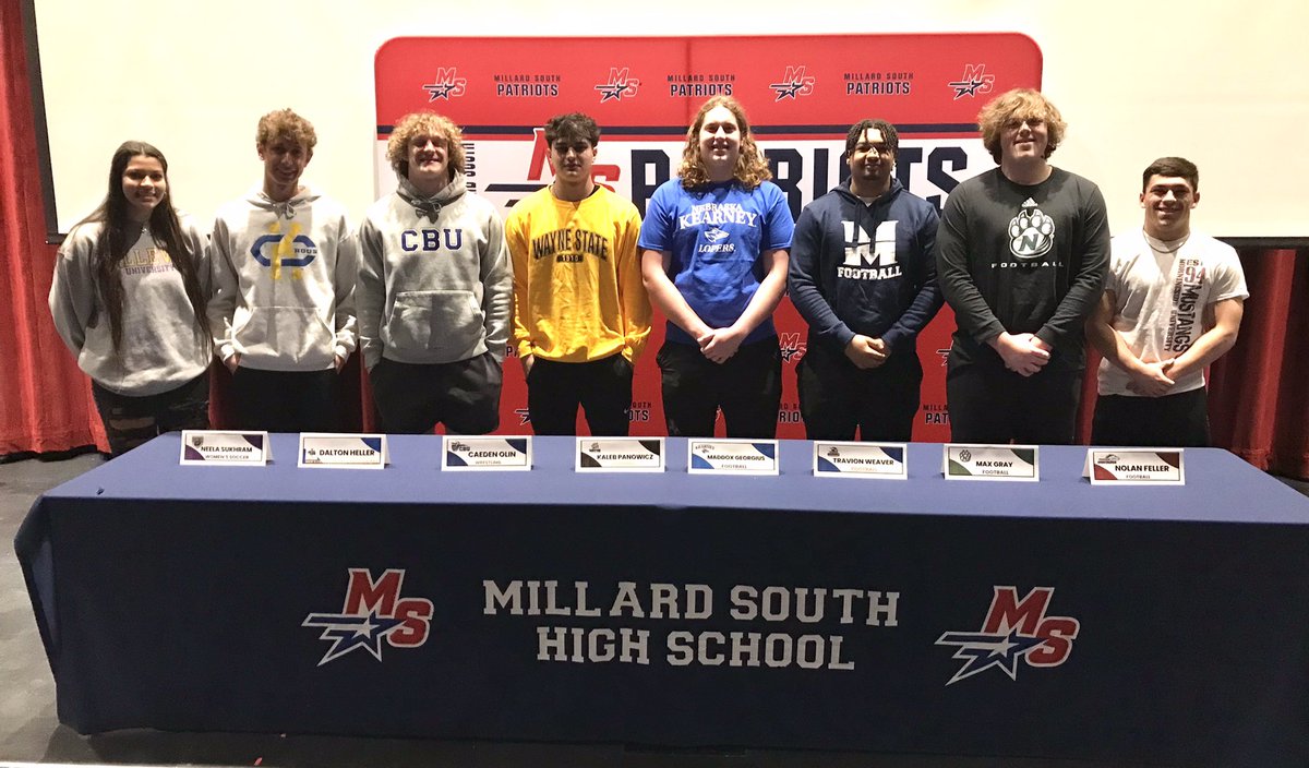MSHSactivities's tweet photo. Patriot Shoutout to Maddox Georgius who signed today to further his education and play football at @UNK_Football next year! Maddox - We cannot wait to see you excel at the next level in the future! #MillardSouthFamily #TPW @MSouthFootball https://t.co/qSrzjtq1w2