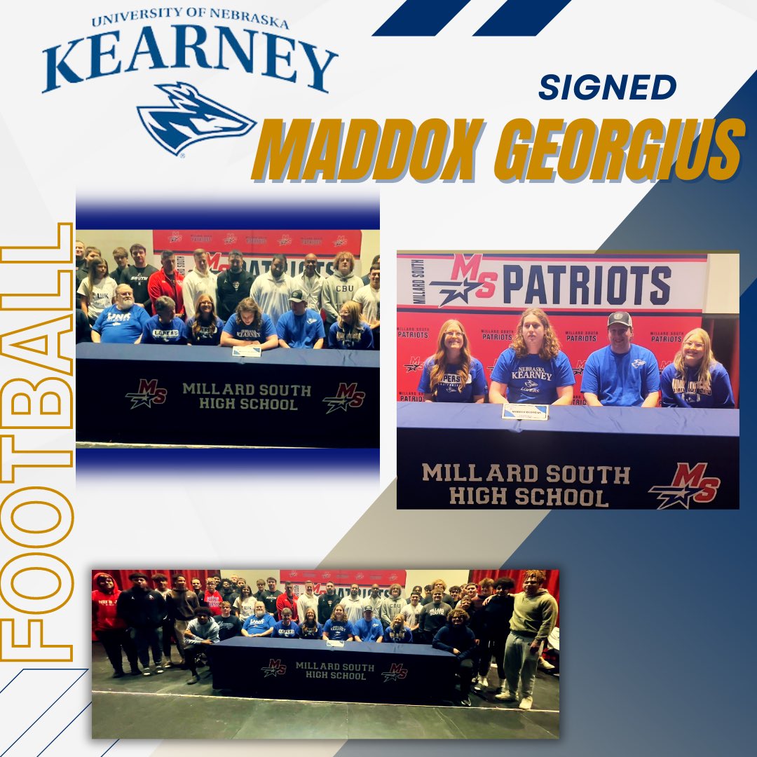 MSHSactivities's tweet photo. Patriot Shoutout to Maddox Georgius who signed today to further his education and play football at @UNK_Football next year! Maddox - We cannot wait to see you excel at the next level in the future! #MillardSouthFamily #TPW @MSouthFootball https://t.co/qSrzjtq1w2