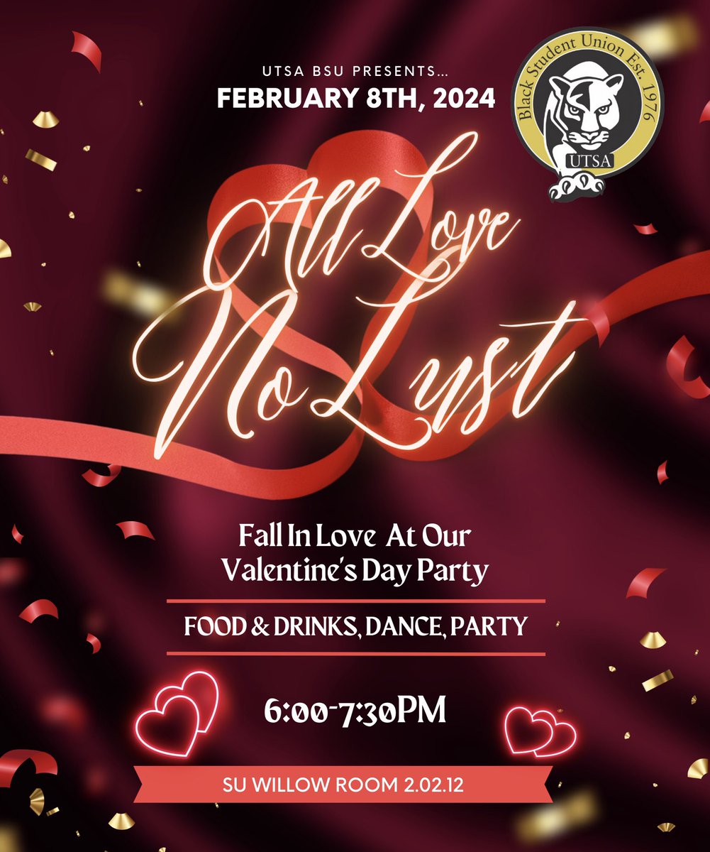 Join us tomorrow, February 7th, at 6pm in the SU Willow and allow BSU to bring you a little love at our fun and interactive All Love, No Lust event with discussions, games, and more! 👀❤️