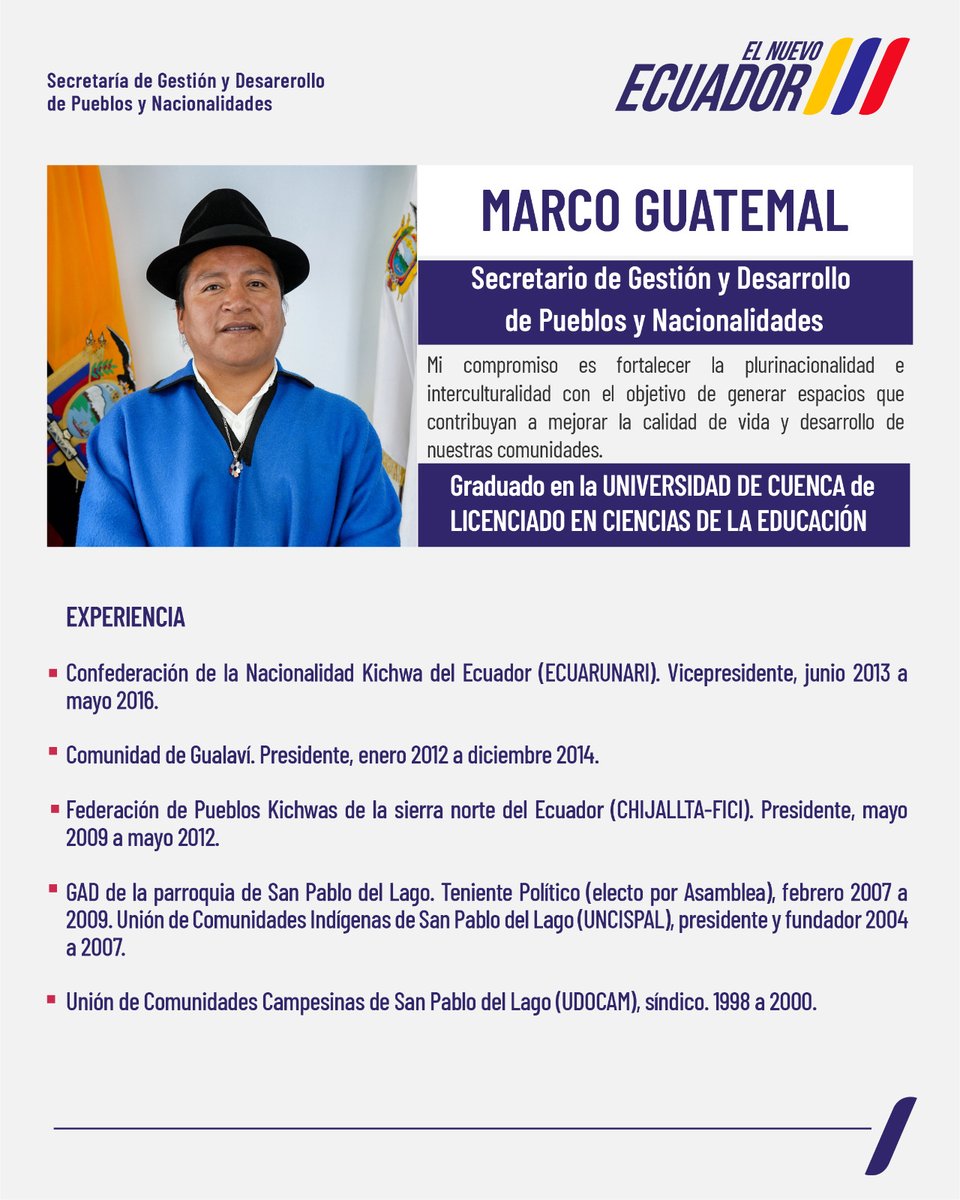 El compromiso de Sr. Presidente <a href="/DanielNoboaOk/">Daniel Noboa Azin</a> con los pueblos y nacionalidades, afroecuatorianos y montubios se fortalece. Mediante el decreto N° 154, se designa a <a href="/GuatemalMarco/">Marco Guatemal</a>, Secretario de Gestión y Desarrollo de Pueblos y Nacionalidades. 

Revisa su biografía