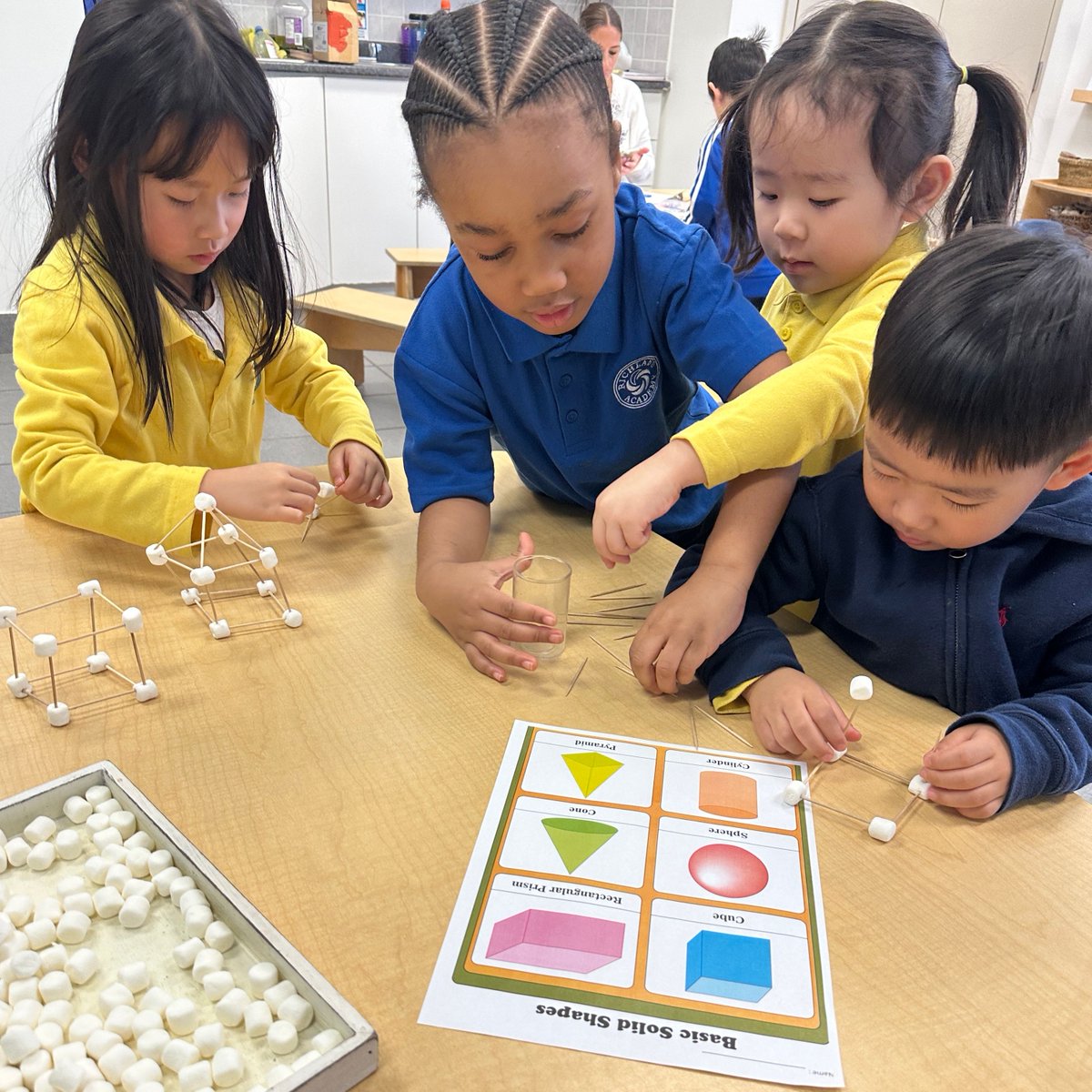 richlandacad's tweet image. Our kindergarten students are on a creative journey with a hands-on adventure! Using toothpicks and marshmallows, they&apos;re collaborating to create a world of shapes - from the basics of 2D wonders to the magic of 3D structures! #Kindergarten #HandsOnLearning #ShapeExplorers #IBPYP