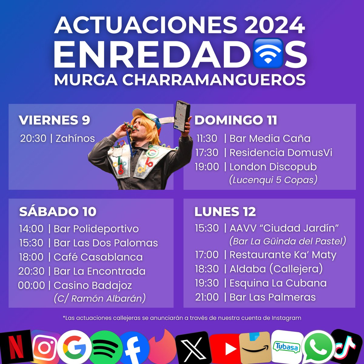 charramangueros's tweet photo. 𝐀𝐂𝐓𝐔𝐀𝐂𝐈𝐎𝐍𝐄𝐒 𝟐𝟎𝟐𝟒 🎭
¡Ya tenemos nuestro calendario de actuaciones para estos Carnavales! Estamos deseando veros por las calles, y que acabéis tan enredados como nosotros.
@CarnavalAytoBad #CarnavalDeBadajoz #COMBA #COMBA24 #Badajoz #MurgasBadajoz #Enredados https://t.co/j4whRYmjIW