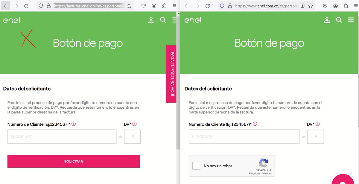 Kmilo_pv's tweet photo. @EnelColombia @FiscaliaCol  están haciendo estafas con el portal de pse de pagos, están suplantando la url: https://t.co/RvWBK4Yqw6 por https://t.co/CvzHjlHy9s esta ultima es fraudulenta https://t.co/Ee0o5iDv0h