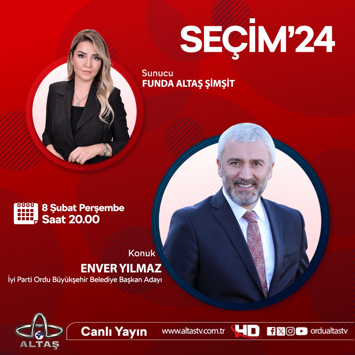 Yarın akşam saat 20.00’da, <a href="/ordualtastv/">Ordu Altaş TV</a> de, 'Seçim 24' özel yayınında Funda Altaş Şimşit’in konuğuyuz.

Ordu’yu konuşacağız. Önemli açıklamalarımız olacak.

Tüm hemşehrilerimi ekran başına davet ediyorum.