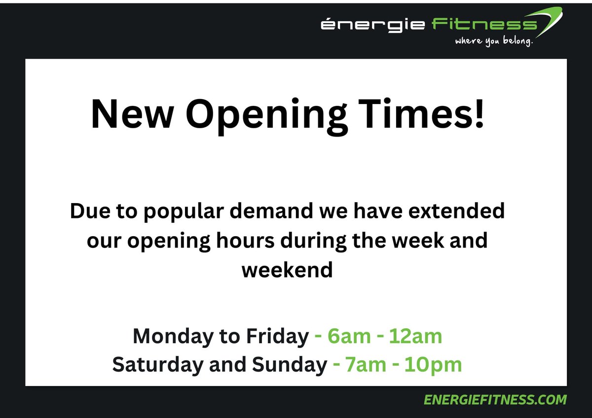 EFKilburn's tweet photo. 🕐 Exciting News! We've updated our opening hours to serve you better. Get ready to sweat and achieve your fitness goals at Energie Fitness! 💪🔥 #NewOpeningHours #FitnessGoals #FitnessJourney #NewOpeningTime #EarlyBirdGetsTheGains #EarlyMorningWorkout #EnergieFitness https://t.co/YSjyWwCDNt