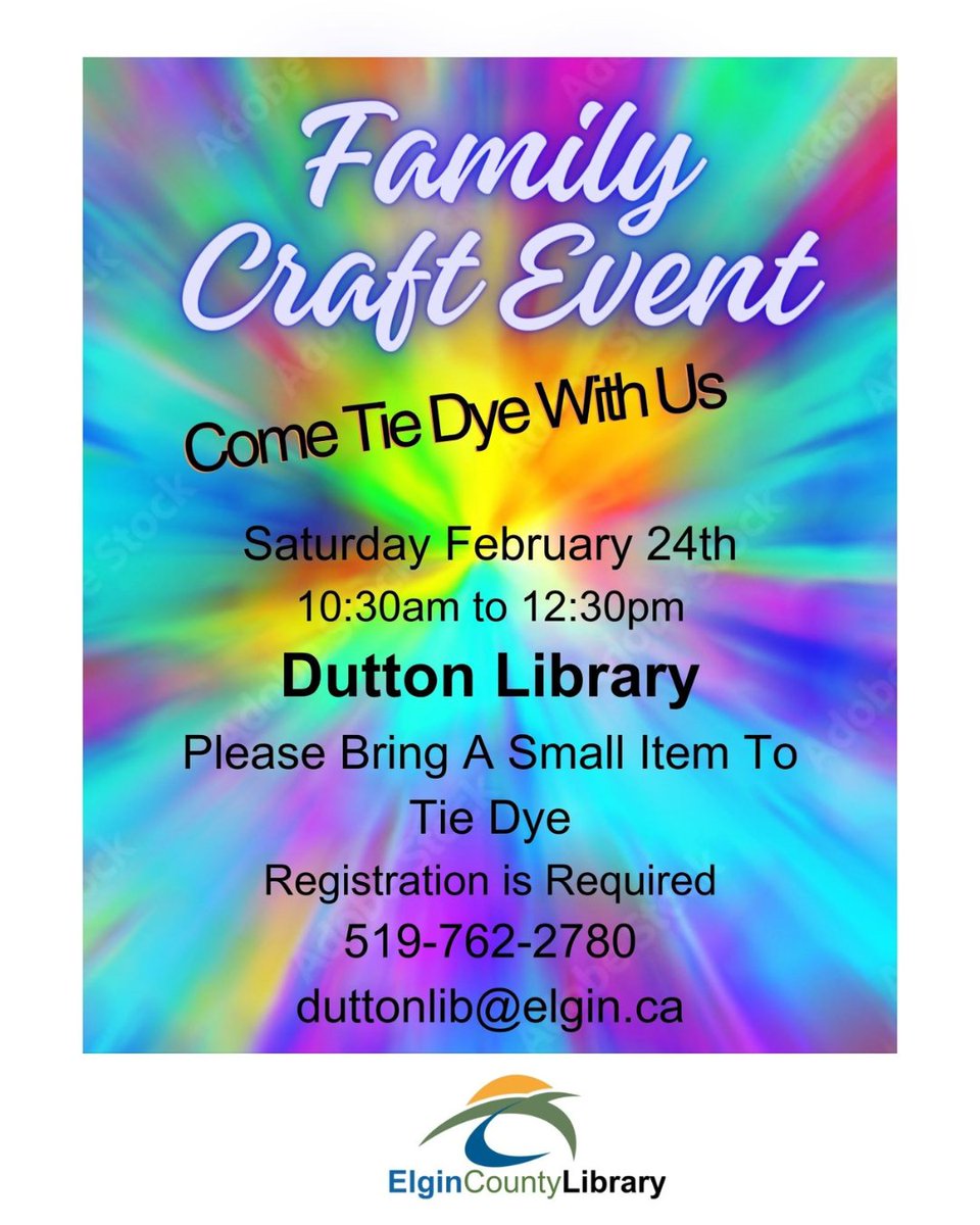 Calling all tie dye enthusiasts! Come out to Dutton Library for a tie-tastic Family Craft Event on Saturday February 24th from 10:30am to 12:30pm! Please register for this program by calling, emailing, or visiting the Dutton Library. And please bring a small item to tie dye!