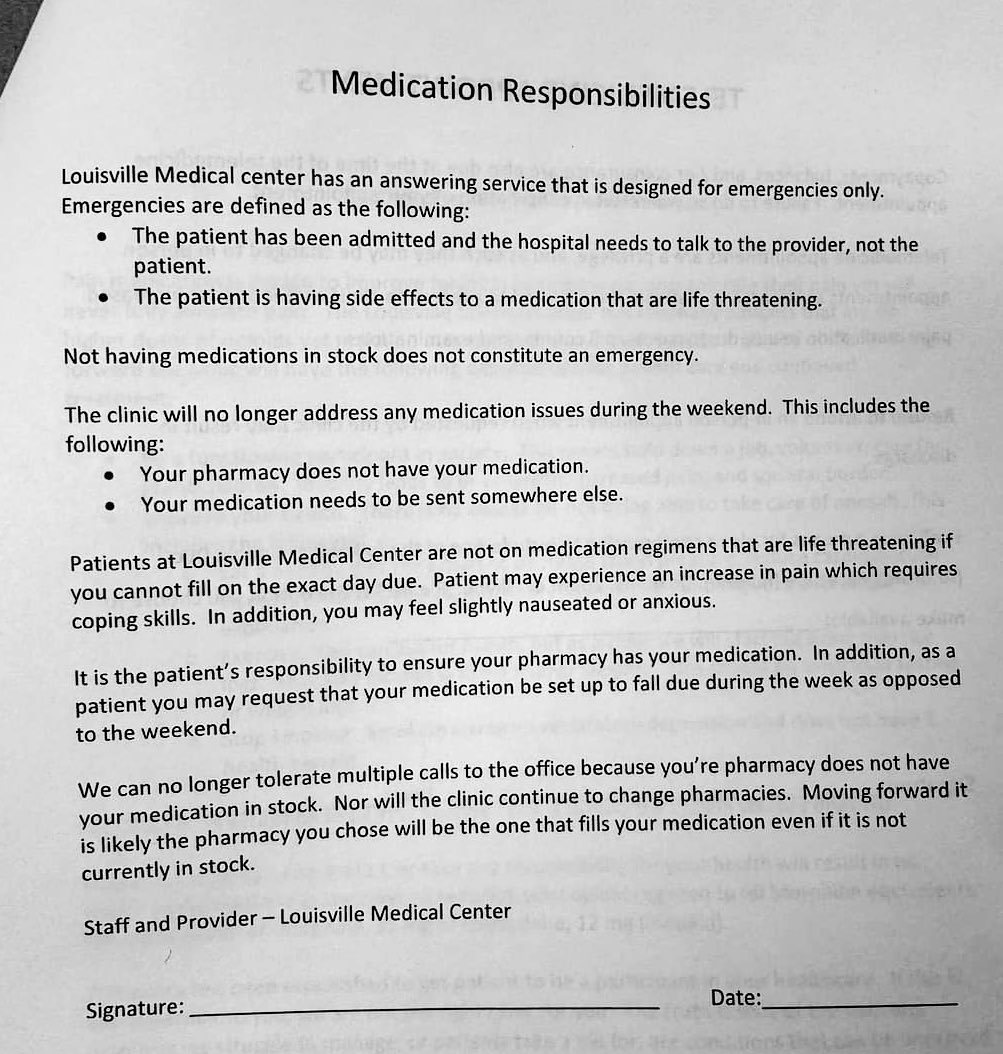 Here’s a degrading pain contract that someone posted on FB. If you need an example of ableism in this field, here ya go. #DEACenteredCare #Pain #DisabilityJustice #Ableism